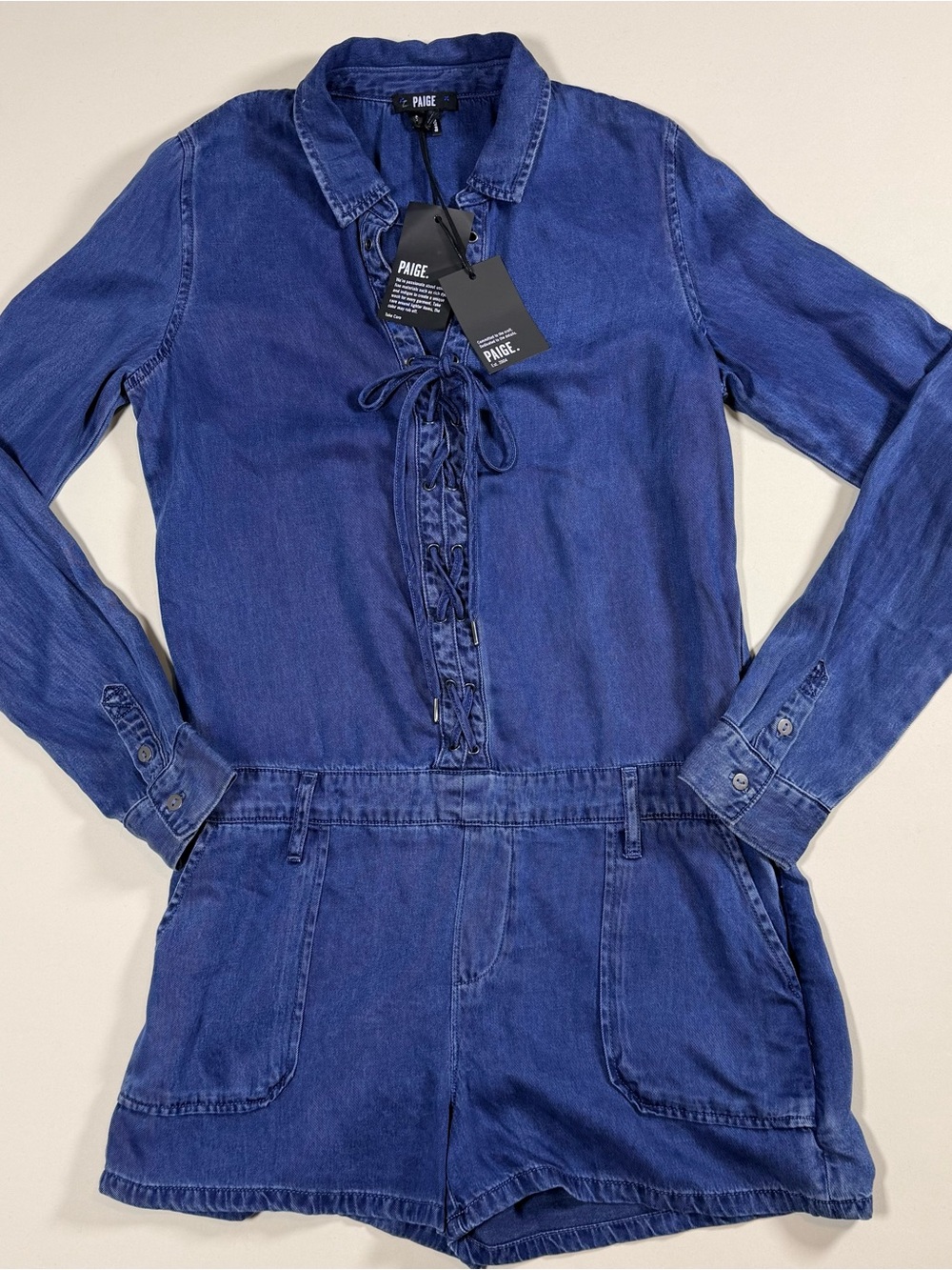 NWT PAIGE Blue Denim Arley Lace Up Long Sleeve Romper Size S - Picture 4 of 11